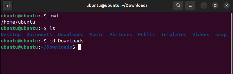 Ubuntuターミナルでpwdとlsコマンドを実行した例